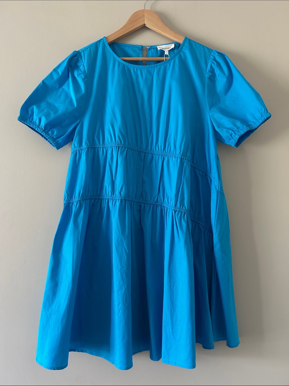 New Böhme Blue Tiered Large Mini Dress Short Puff Sleeve 100% Cotton